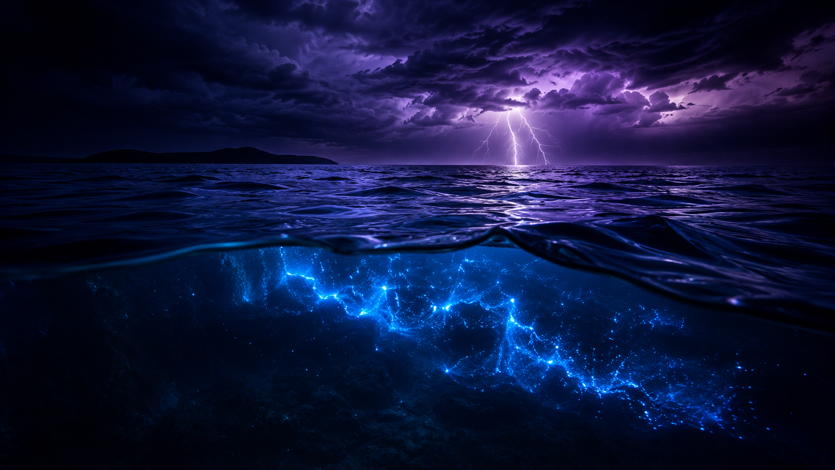 Lightning striking over a dark ocean with bioluminescent glow beneath the surface.