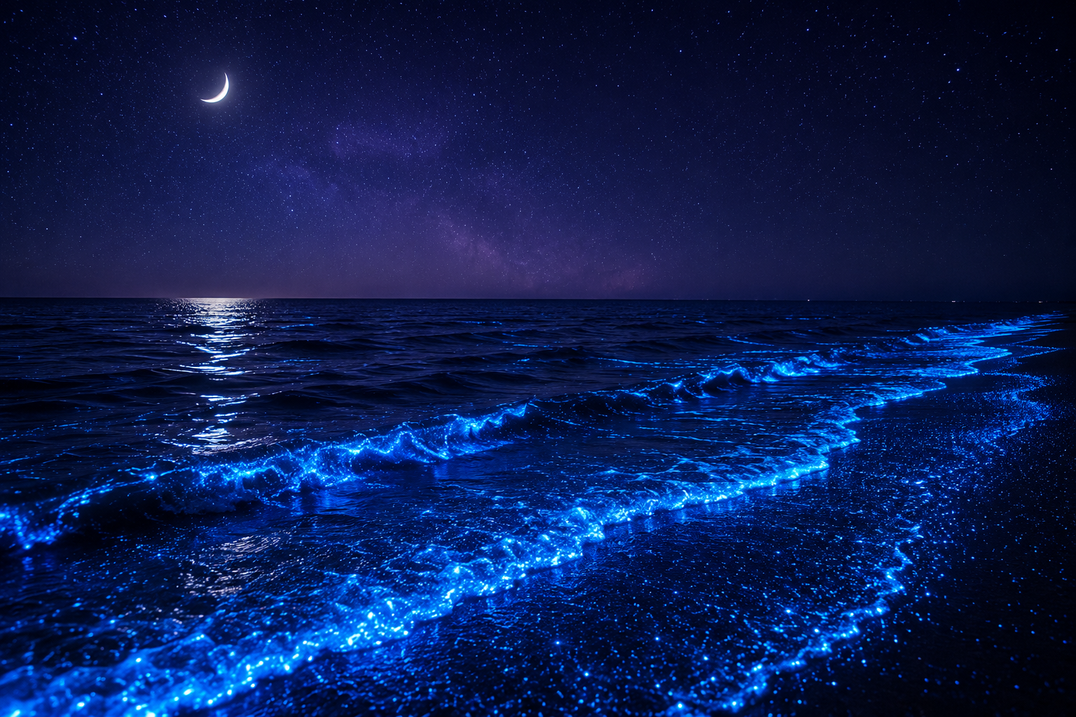 Calm bioluminescent shoreline under a crescent moon and stars.