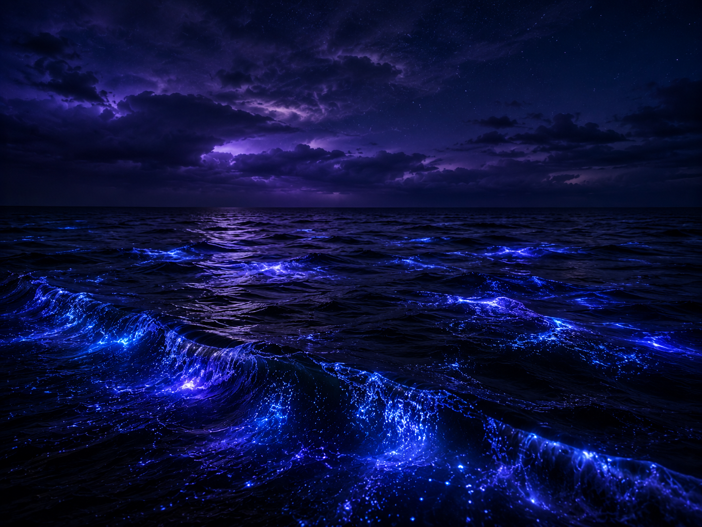 Bioluminescent waves glowing blue against a dark ocean at night.