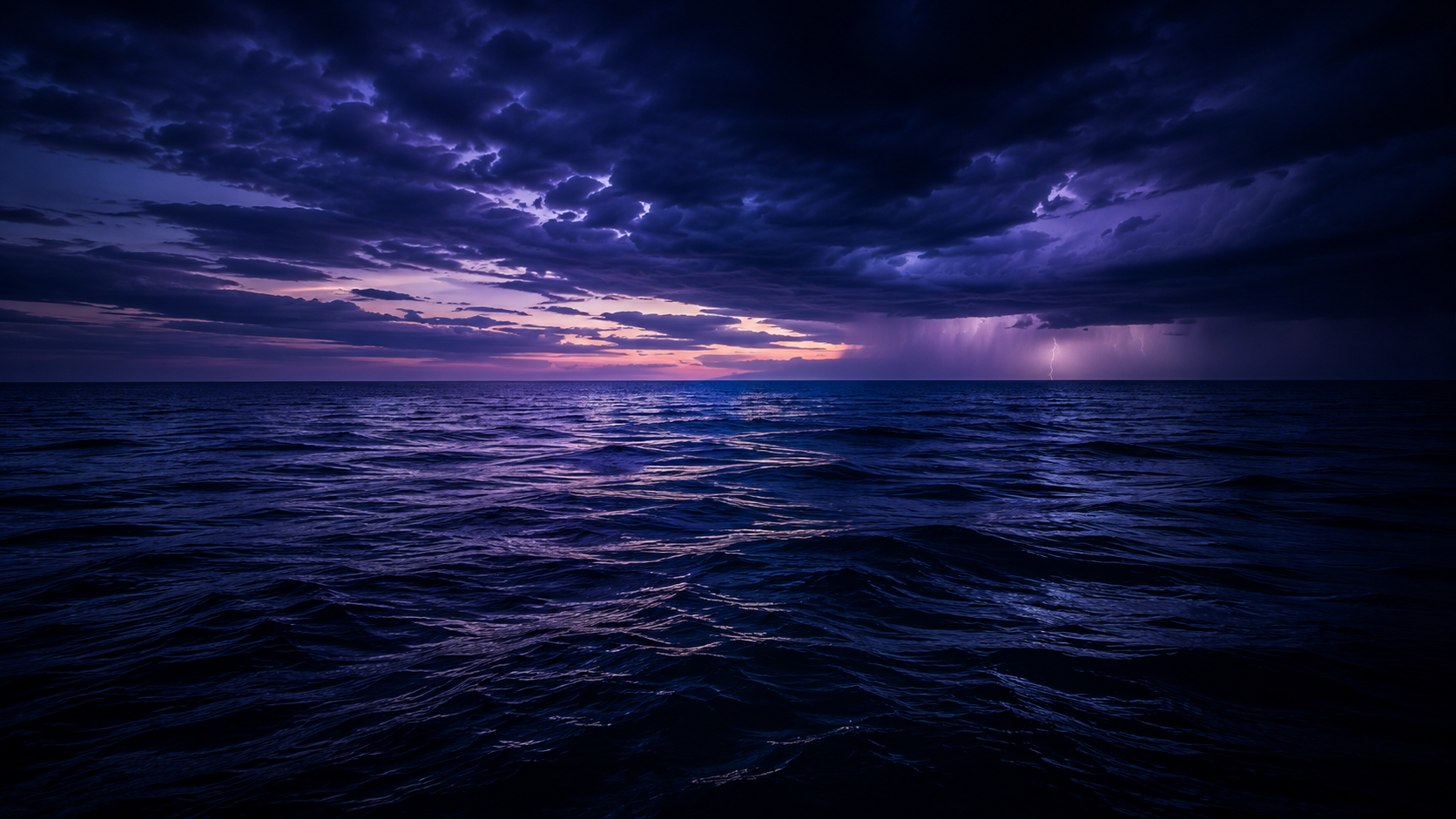 Brooding dark ocean with distant lightning on the purple horizon.