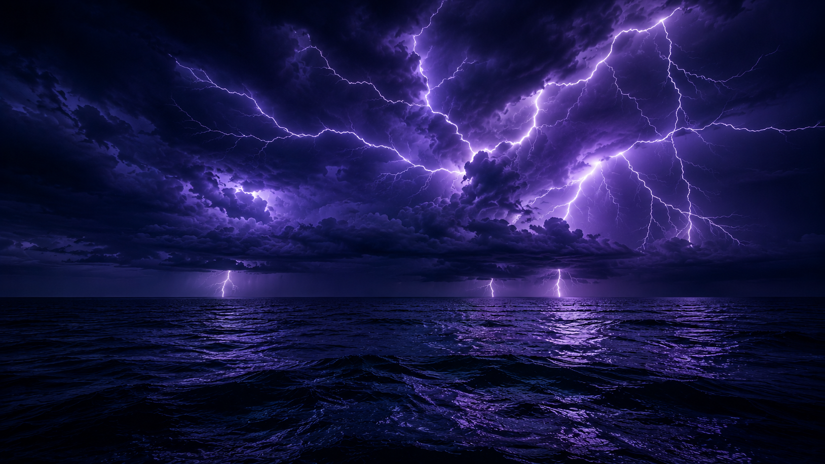 Branching purple lightning across a dark ocean sky.