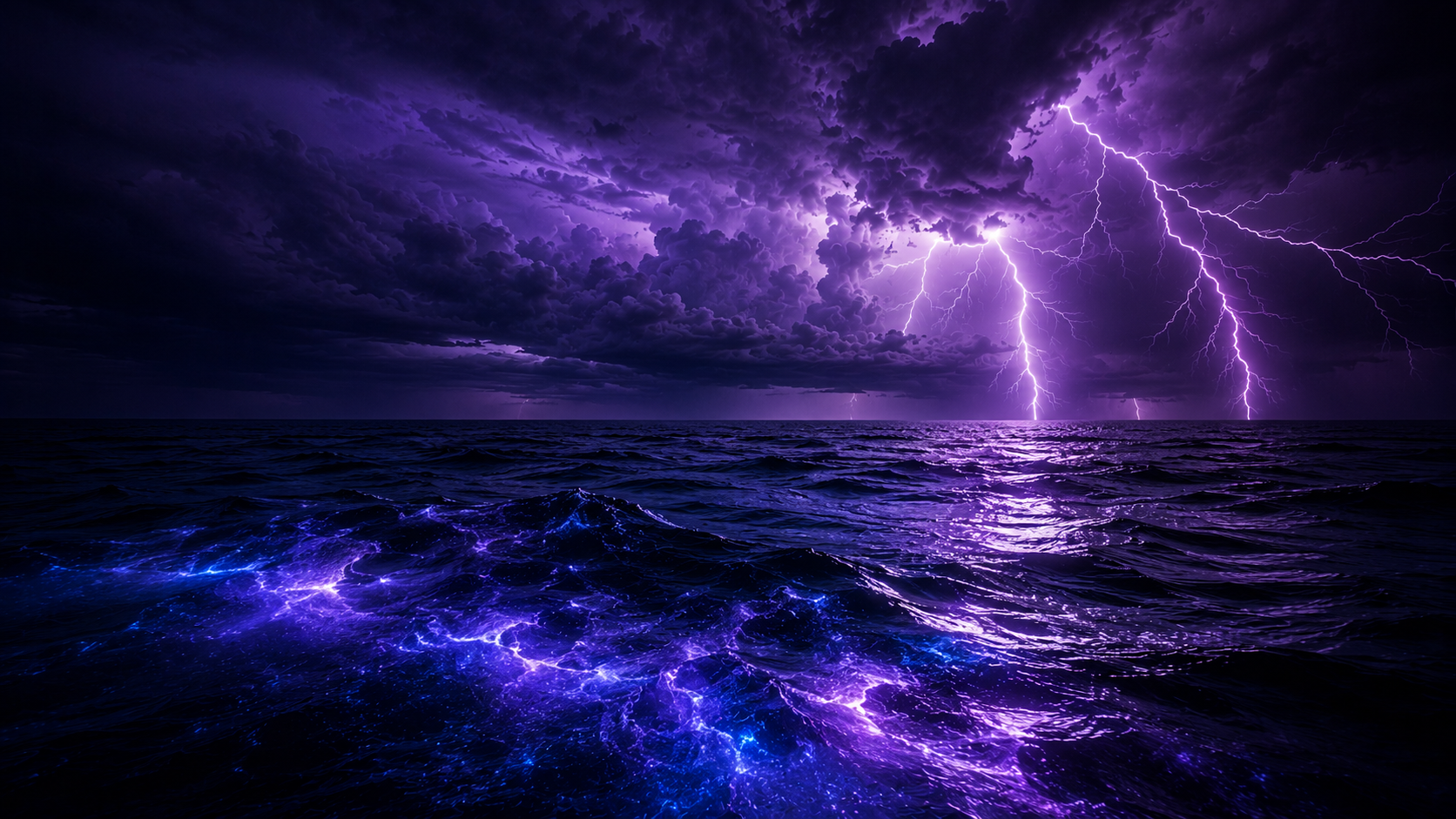 Purple lightning over ocean with bioluminescent waves below.